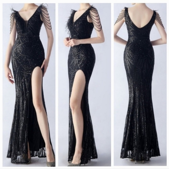 Black, Geo Print, Ostrich Feather V Neck,  Beaded Sleeves, Sequined Mermaid Gown - Picture 1 of 14
